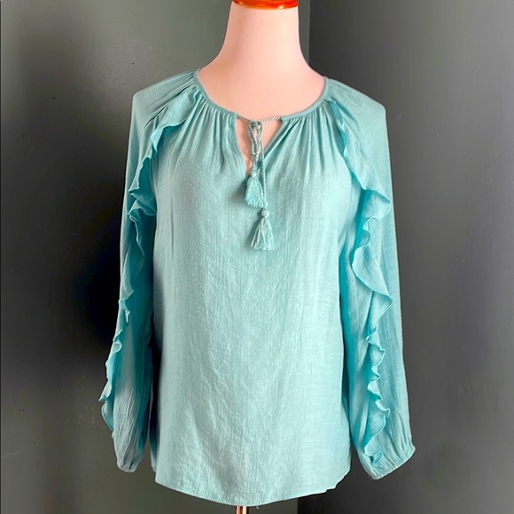 Cooper & Ella Blue Ruffled Tie Front Blouse - Picture 3 of 5